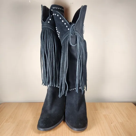 REBA Women's Cadi Boots Size 6.5 Black Suede Western Fringe Rhinestones Cowboy