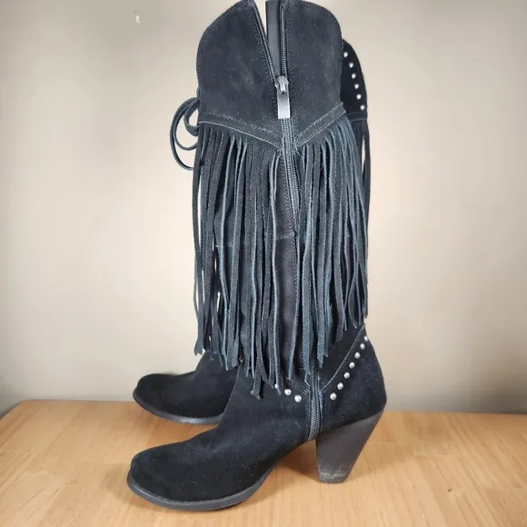 REBA Women's Cadi Boots Size 6.5 Black Suede Western Fringe Rhinestones Cowboy