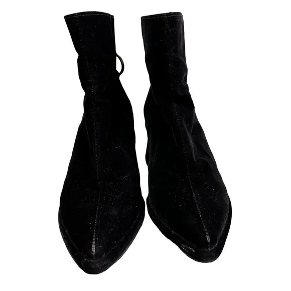Reike Nen Bootie Ankle Boot Black Velvet Ring Zipper Pull US 7.5 Chunky Heel