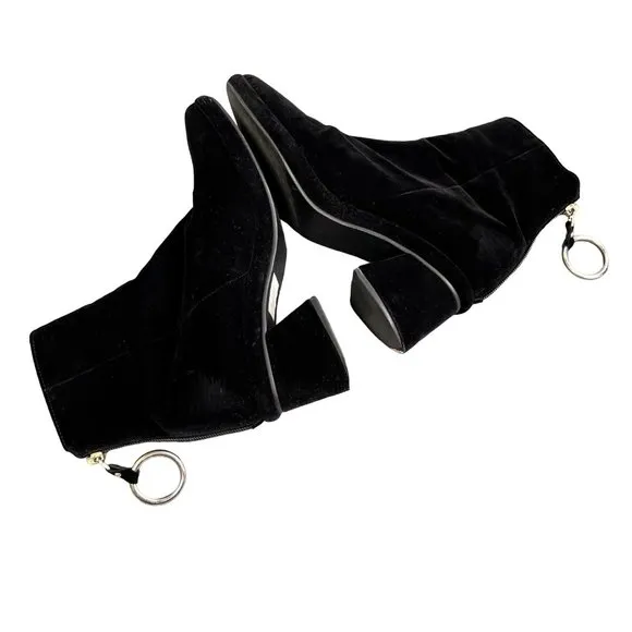 Reike Nen Bootie Ankle Boot Black Velvet Ring Zipper Pull US 7.5 Chunky Heel