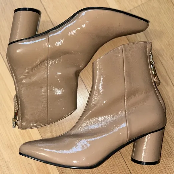REIKE NEN Women's Boots in Taupe Patent Leather, Round 2.5” Heel Size 39 NWOT