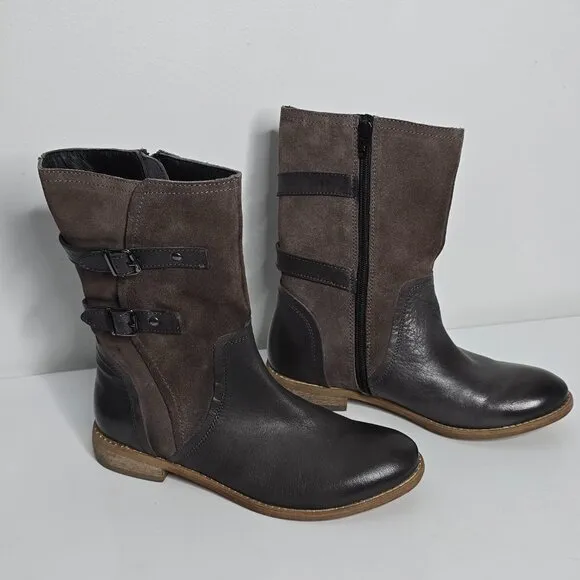 Roan by Bed Stu Suze Boots Womens 6 Brown Leather Suede Riding Buckle Strap Zip