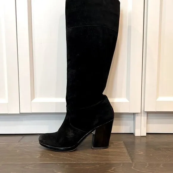 Robert Clergerie Black Boots Chunky Heel Suede Patent Leather Platform 6.5