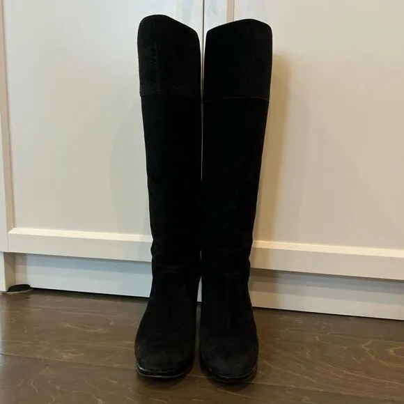 Robert Clergerie Black Boots Chunky Heel Suede Patent Leather Platform 6.5
