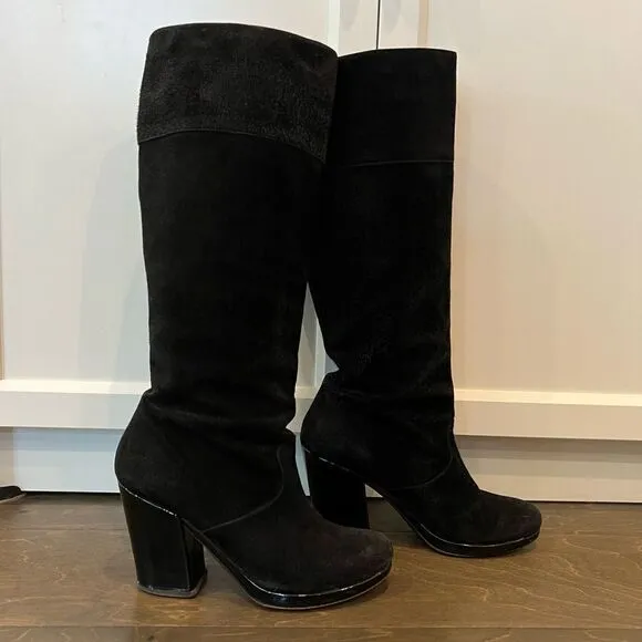 Robert Clergerie Black Boots Chunky Heel Suede Patent Leather Platform 6.5