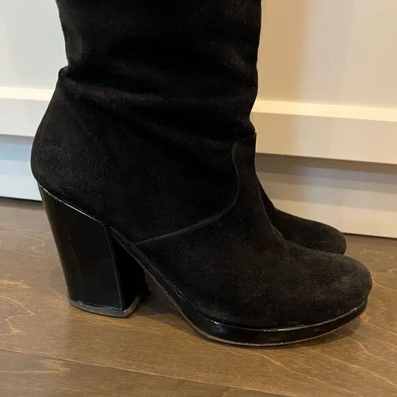 Robert Clergerie Black Boots Chunky Heel Suede Patent Leather Platform 6.5