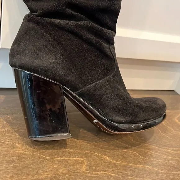 Robert Clergerie Black Boots Chunky Heel Suede Patent Leather Platform 6.5