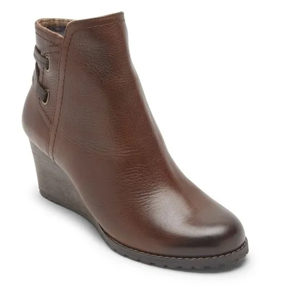 ROCKPORT COBB HILL LUCINDA LEATHER WEDGE TIE BACK ANKLE BOOTIES NWT SZ 7.5