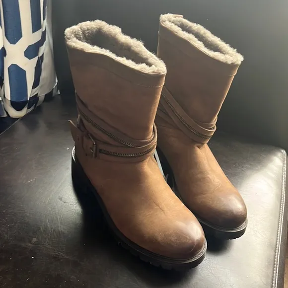 Ross &amp; Snow Brown Boots- Women Cristiana Espresso Leather Biker Shearling Boots