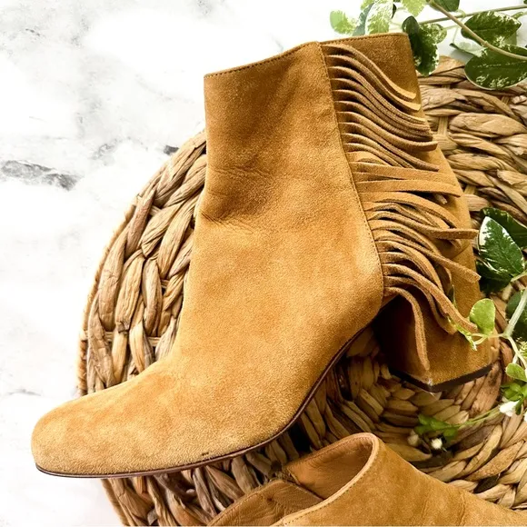 Saint Laurent Womens Tan Suede 'BABIES' Fringed Heel Ankle Boots, sz. 37/US 6.5