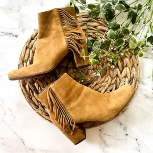 Saint Laurent Womens Tan Suede 'BABIES' Fringed Heel Ankle Boots, sz. 37/US 6.5