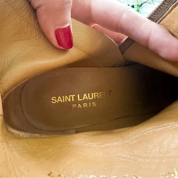 Saint Laurent Womens Tan Suede 'BABIES' Fringed Heel Ankle Boots, sz. 37/US 6.5