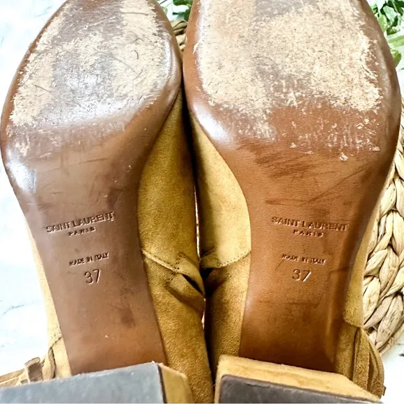 Saint Laurent Womens Tan Suede 'BABIES' Fringed Heel Ankle Boots, sz. 37/US 6.5