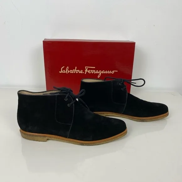 Salvatore Ferragamo Womens 7 AA Chukka Black Calf Suede Booties Boots Torrone