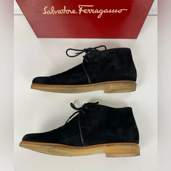 Salvatore Ferragamo Womens 7 AA Chukka Black Calf Suede Booties Boots Torrone
