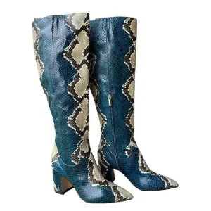 Sam Edelman Leather Boots Hai Snakeskin Peacock Blue Knee High Women‎ 6.5 M EUC