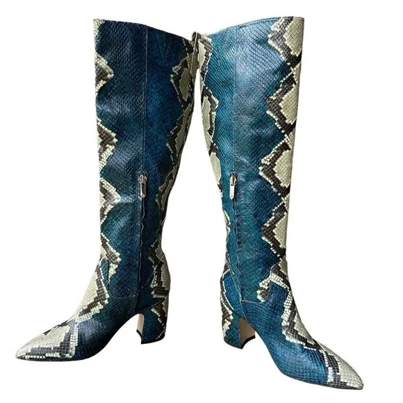 Sam Edelman Leather Boots Hai Snakeskin Peacock Blue Knee High Women‎ 6.5 M EUC