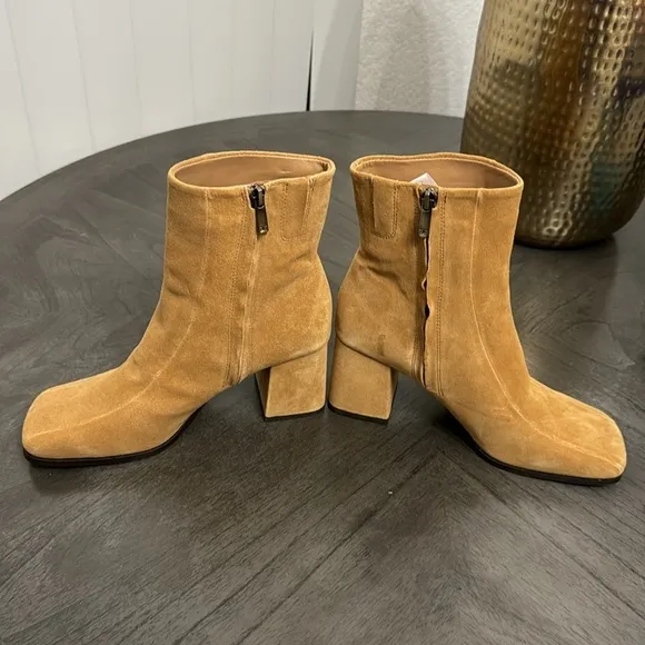 Sam Edelman Mayla Block Heel Squared Toe Sandstone Suede Ankle Boots