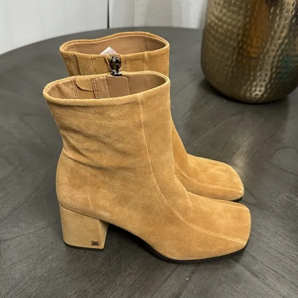 Sam Edelman Mayla Block Heel Squared Toe Sandstone Suede Ankle Boots