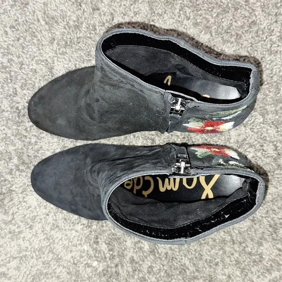 Sam Edelman suede leather ankle boots heels - 7 - embroidered black