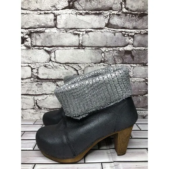 Sanita Blue Cracked Leather Shimmer Ankle Stacked Heel Booties Women Sz 37EU/6.5