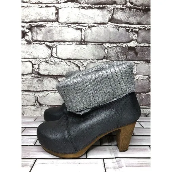 Sanita Blue Cracked Leather Shimmer Ankle Stacked Heel Booties Women Sz 37EU/6.5
