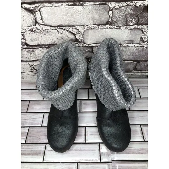 Sanita Blue Cracked Leather Shimmer Ankle Stacked Heel Booties Women Sz 37EU/6.5
