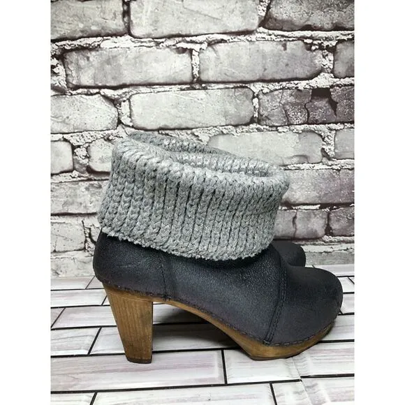 Sanita Blue Cracked Leather Shimmer Ankle Stacked Heel Booties Women Sz 37EU/6.5