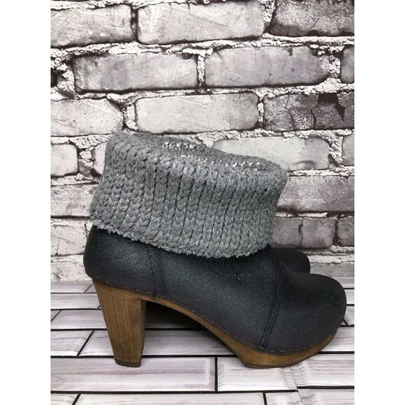 Sanita Blue Cracked Leather Shimmer Ankle Stacked Heel Booties Women Sz 37EU/6.5