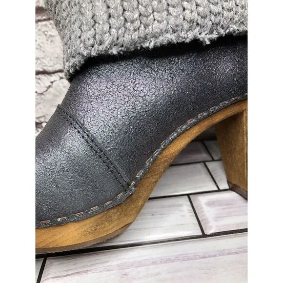 Sanita Blue Cracked Leather Shimmer Ankle Stacked Heel Booties Women Sz 37EU/6.5