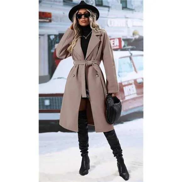 SAUKOLE Women's Lapel Collar Double Breasted Wool Blend Coats Winter Pea