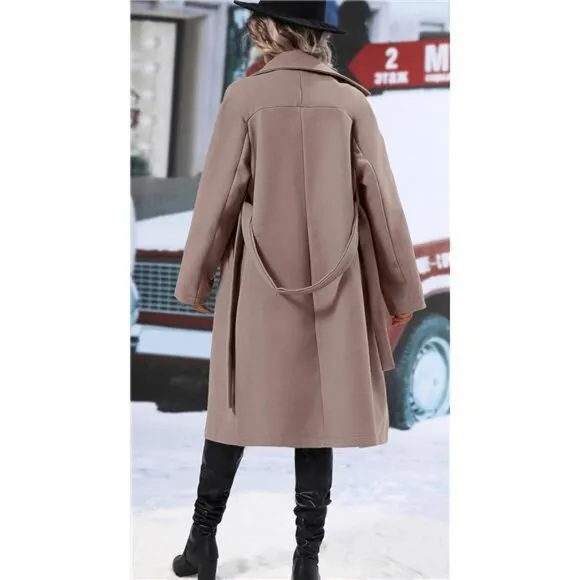 SAUKOLE Women's Lapel Collar Double Breasted Wool Blend Coats Winter Pea