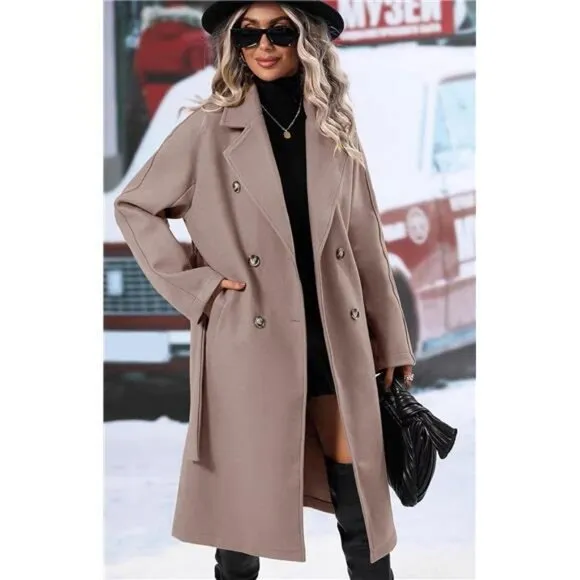SAUKOLE Women's Lapel Collar Double Breasted Wool Blend Coats Winter Pea