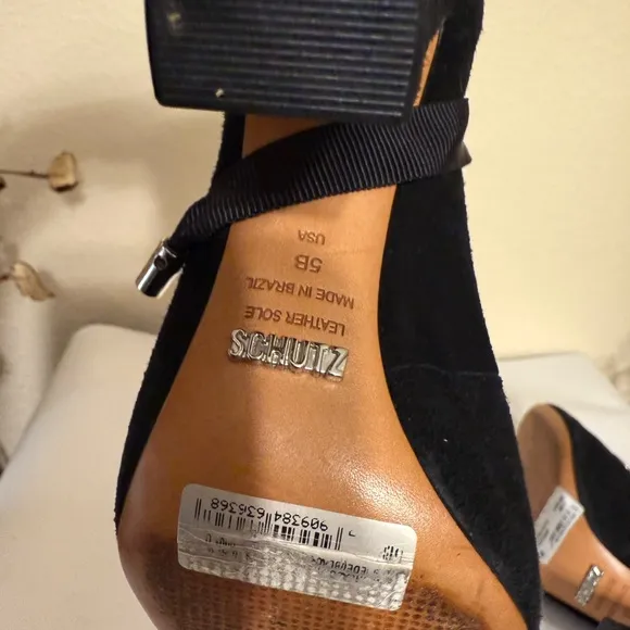 Schutz Black Suede Bootie Block High Heel Boot Women's SZ 5B Brazil Elegant