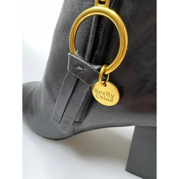 See By Chloe Louise Block-Heel Leather Ankle Boots Black Women’s EU 39/US 9 $445