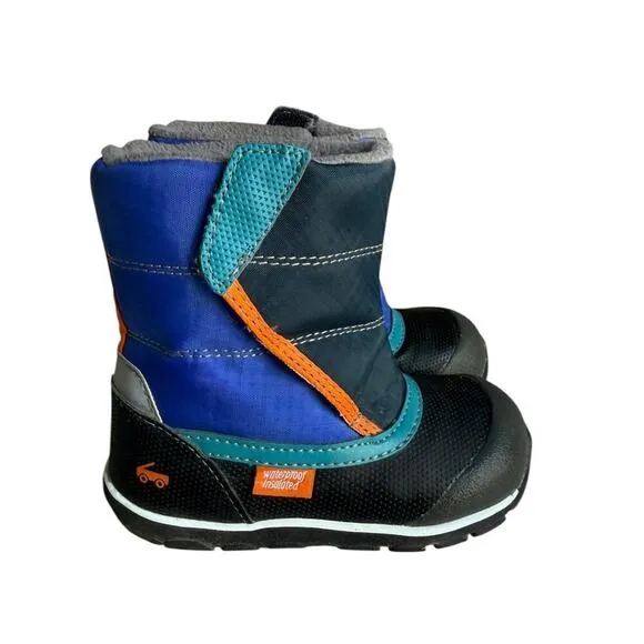 See Kai Run Kid Snow Boots Insulated Waterproof Gray Blue Orange, Size 8