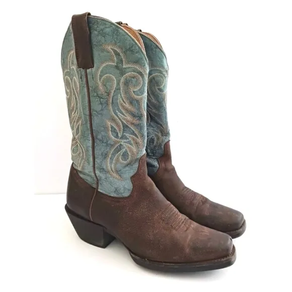 Shayanne Western Boot Turquoise Leather Brown Square Toe Made Mexico Ladies 8.5