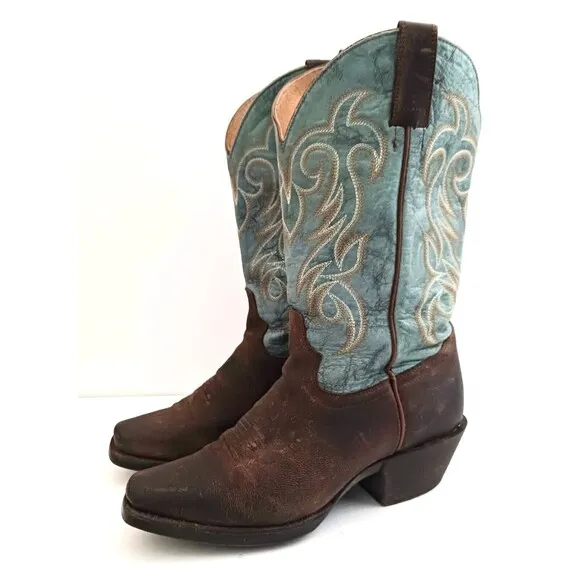 Shayanne Western Boot Turquoise Leather Brown Square Toe Made Mexico Ladies 8.5