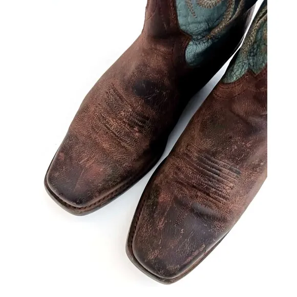 Shayanne Western Boot Turquoise Leather Brown Square Toe Made Mexico Ladies 8.5
