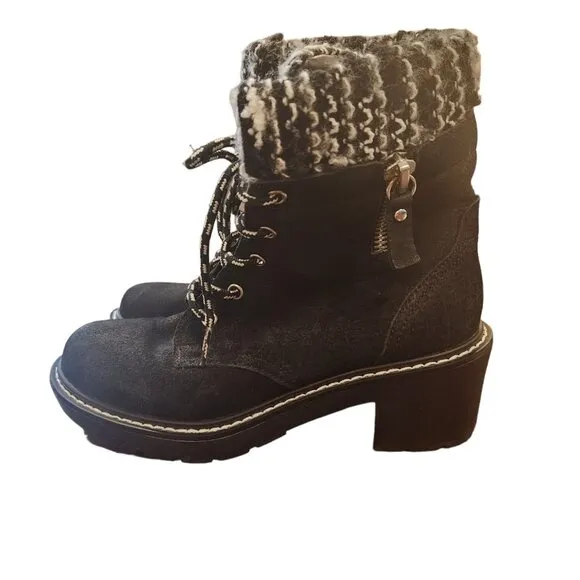 Shellys of London Black Suede Combat Moto Boots Knit Cuff 6.5