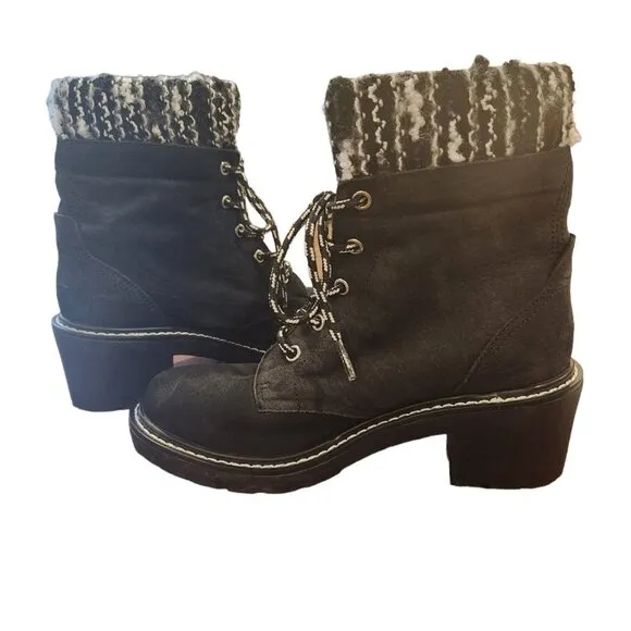 Shellys of London Black Suede Combat Moto Boots Knit Cuff 6.5