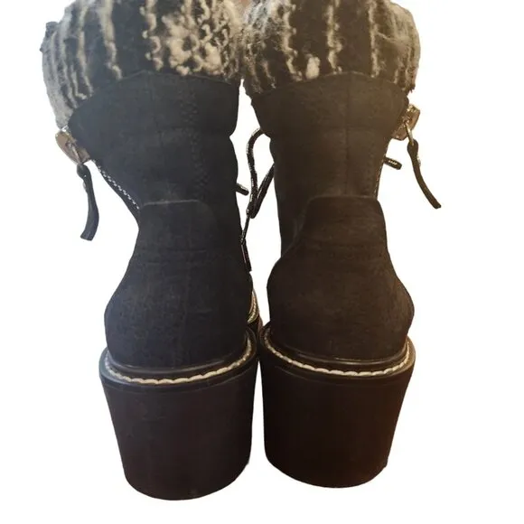 Shellys of London Black Suede Combat Moto Boots Knit Cuff 6.5