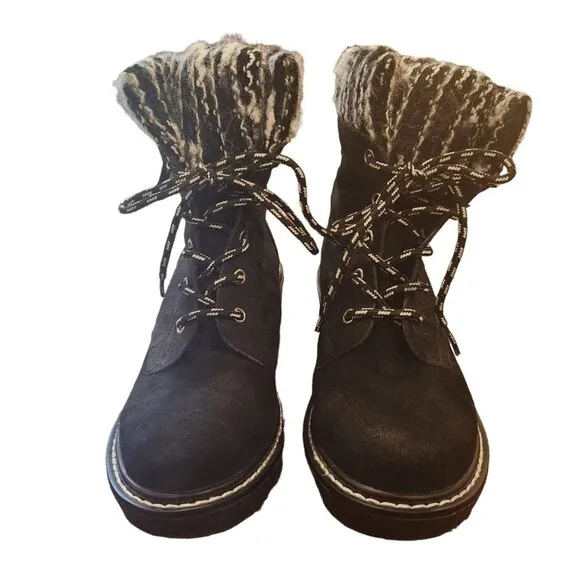 Shellys of London Black Suede Combat Moto Boots Knit Cuff 6.5