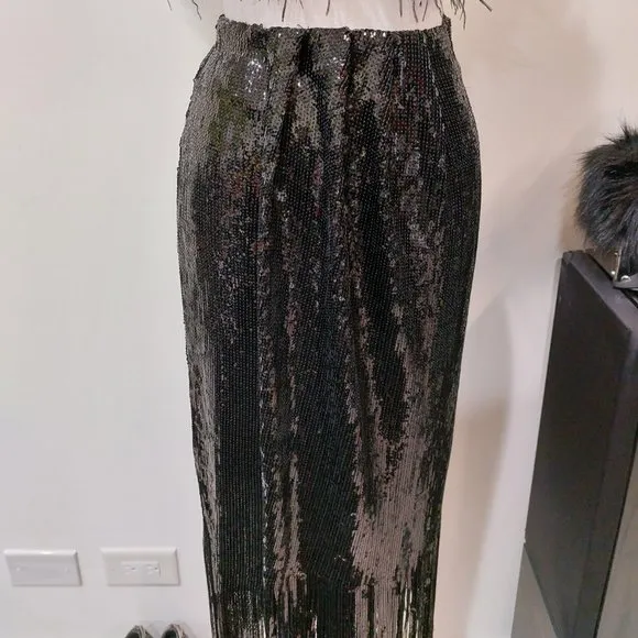 💥SHOWSTOPPER💥ZARA Black Sequin Wrap Fringe Hem Ankle Length Skirt