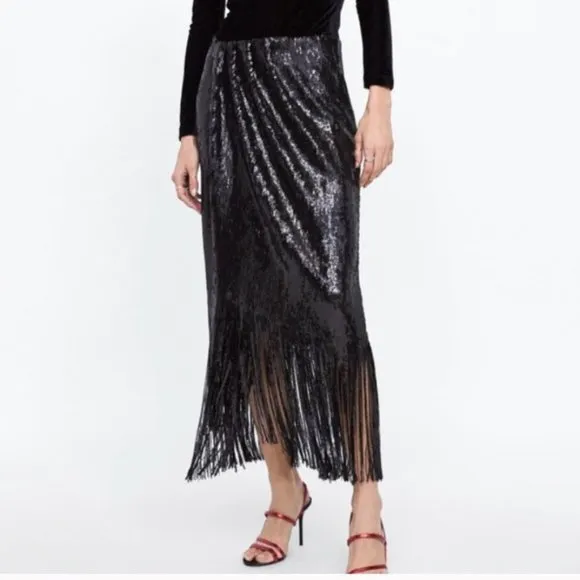 💥SHOWSTOPPER💥ZARA Black Sequin Wrap Fringe Hem Ankle Length Skirt