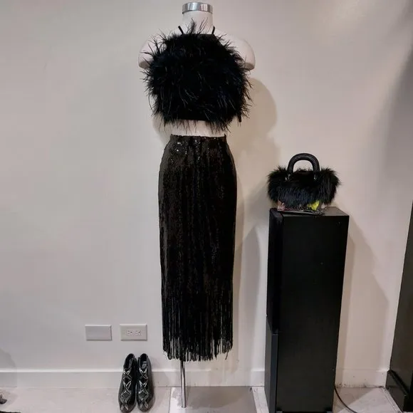 💥SHOWSTOPPER💥ZARA Black Sequin Wrap Fringe Hem Ankle Length Skirt