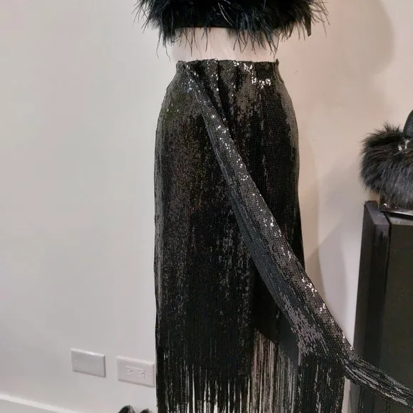 💥SHOWSTOPPER💥ZARA Black Sequin Wrap Fringe Hem Ankle Length Skirt
