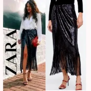 💥SHOWSTOPPER💥ZARA Black Sequin Wrap Fringe Hem Ankle Length Skirt
