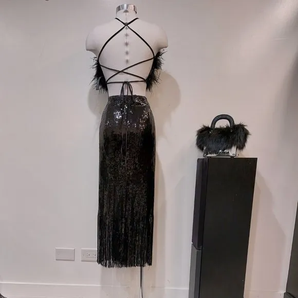 💥SHOWSTOPPER💥ZARA Black Sequin Wrap Fringe Hem Ankle Length Skirt