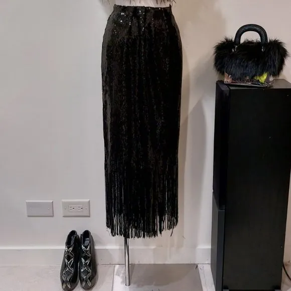 💥SHOWSTOPPER💥ZARA Black Sequin Wrap Fringe Hem Ankle Length Skirt